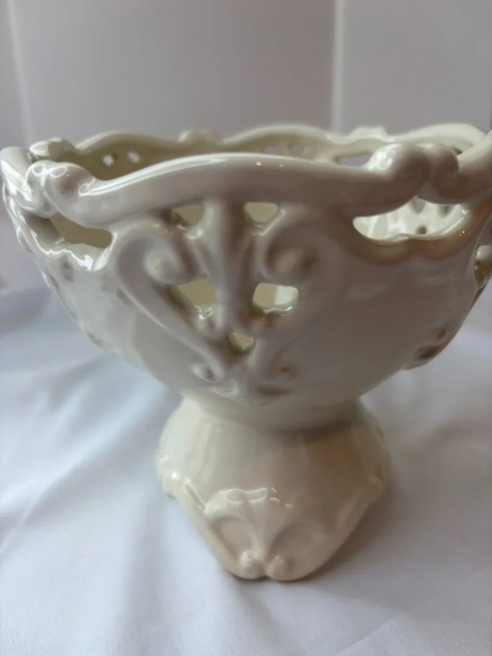 Vintage Cream Pedestal Bowl Pierced Openwork Rim Ornate Footed Compote MCM